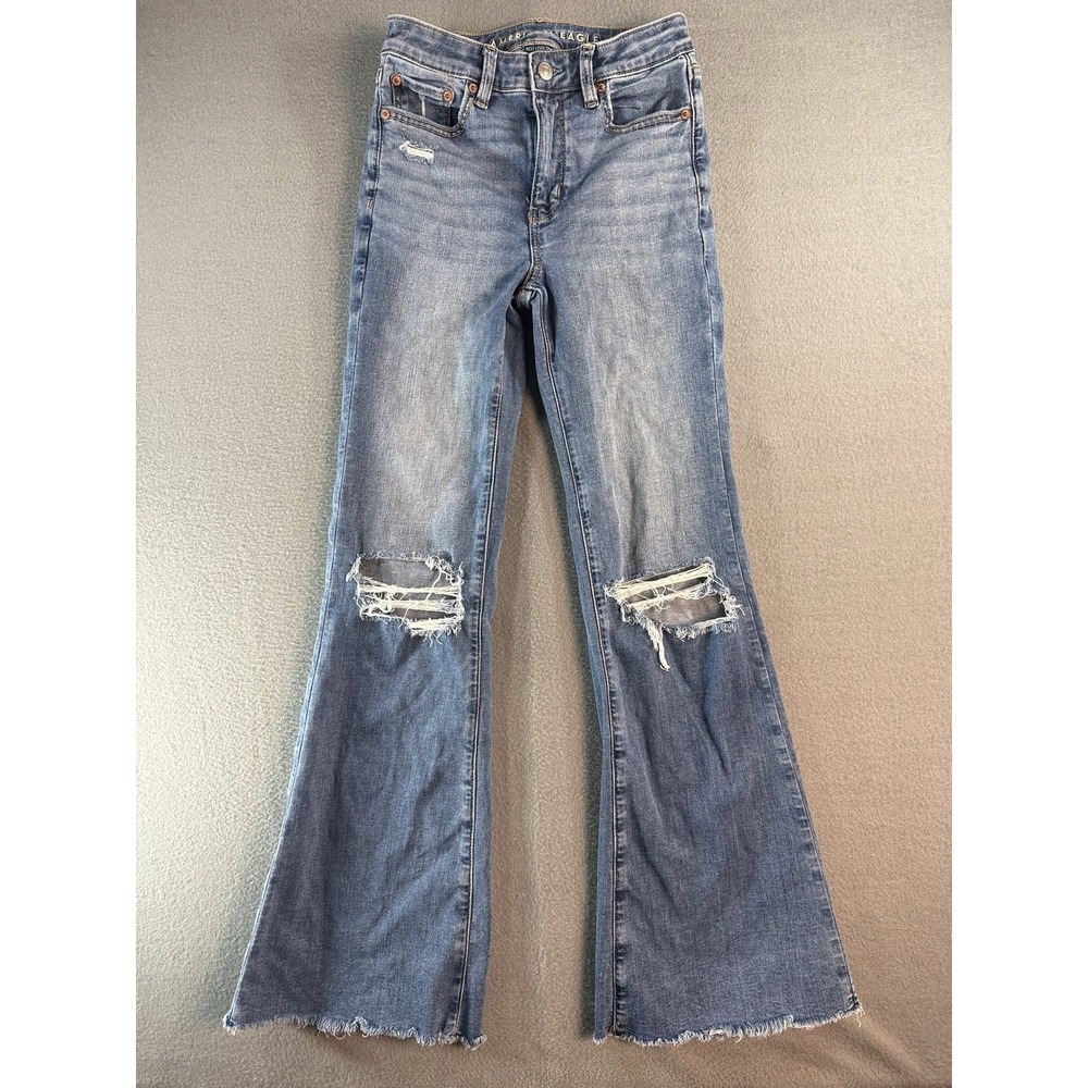 American Eagle Super Hi-Rise Flare Jeans Womens 0 Med Wash Blue Distressed Denim